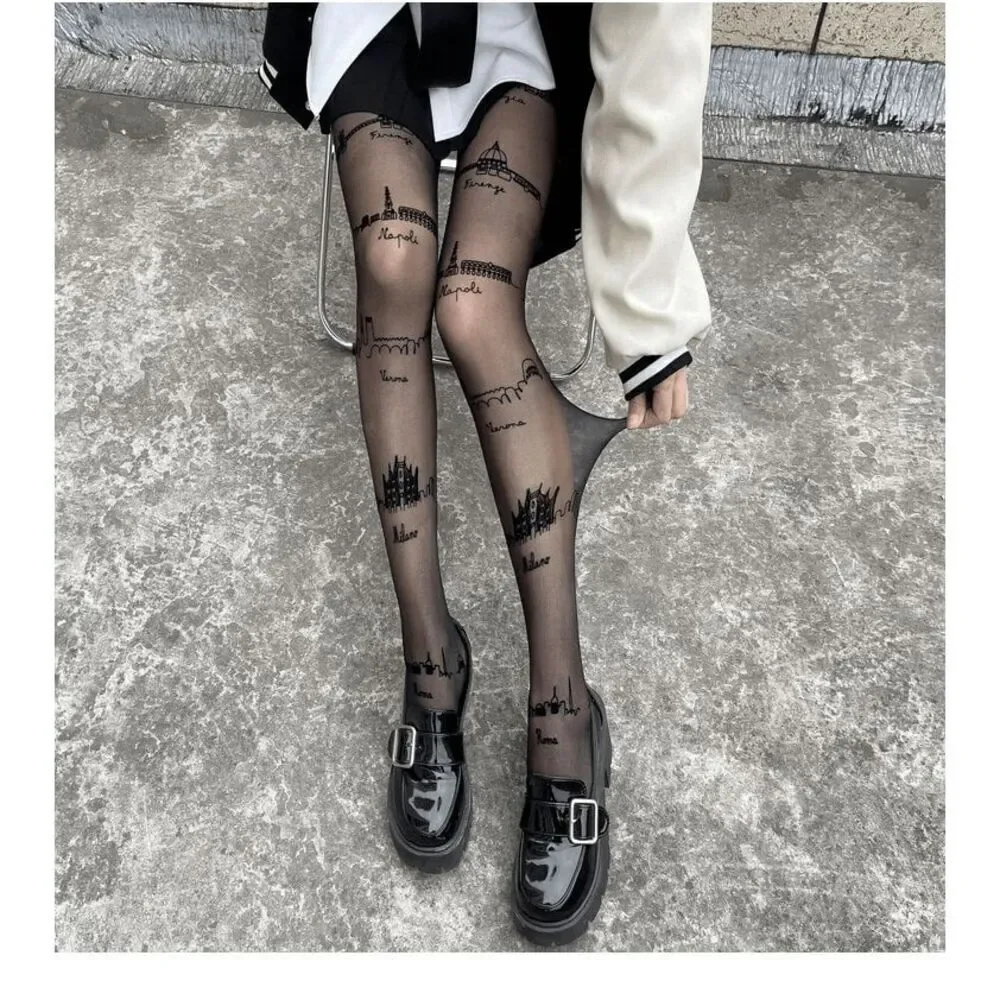 🏙️ Travel Cities Tattoo Printed Tights Black Sheer Nylon Pantyhose Hosiery NEW